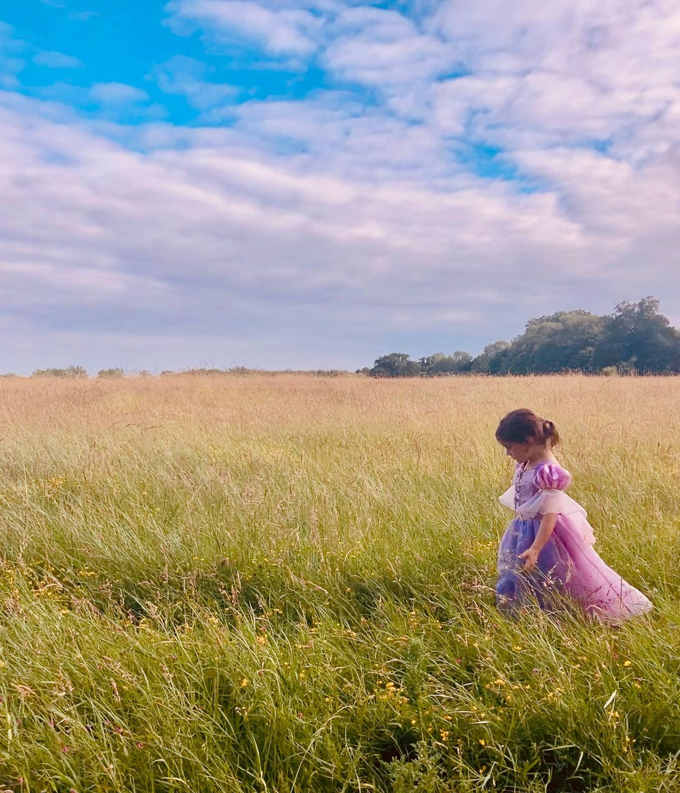 A child walking through tall meadow grass under a wide blue sky